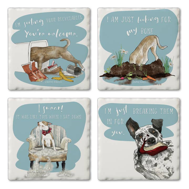 "Naughty Dogs" 4 Pack Assorted Image Coaster Set for wholesale by CounterArt/Highland Home/Thirstystone