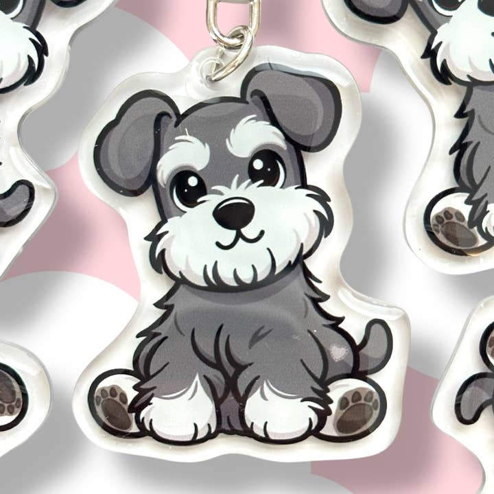 Salt- och peppargrå schnauzer akryl hundnyckelring med epoxiharts | Enkel klämma, söt hundteckning, handritad design, present till hundälskare för wholesale av Milly Made Designs