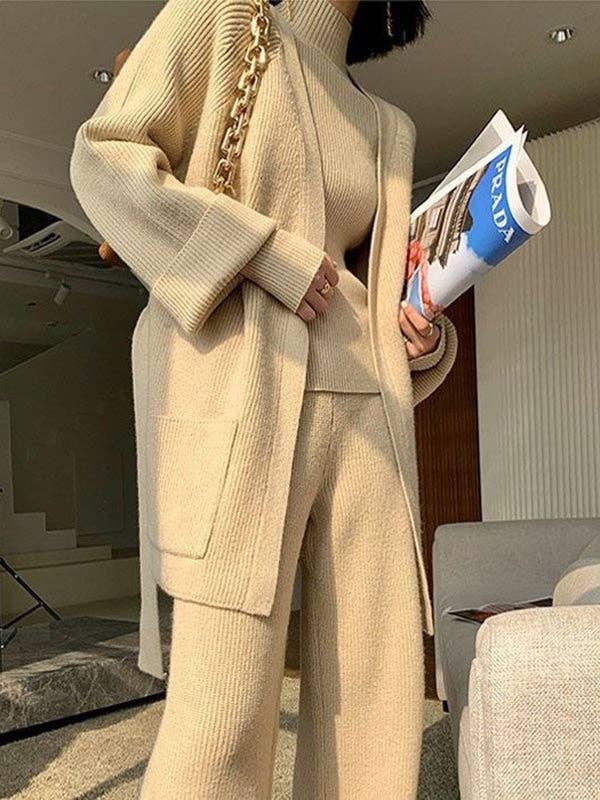 Plush Looks – wholesale Top & pants set (NOT Loungewear) – Women's – Stylish Solid 3 Piece High-Neck Sweater & Wide Leg Pants& Cardigan Tops Set0