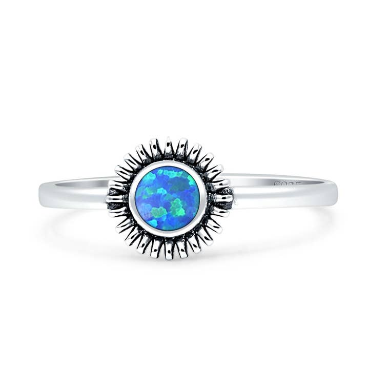 Round Lab Created Blue Opal Sunflower Oxidized Ring for wholesale by Blue Apple Imports