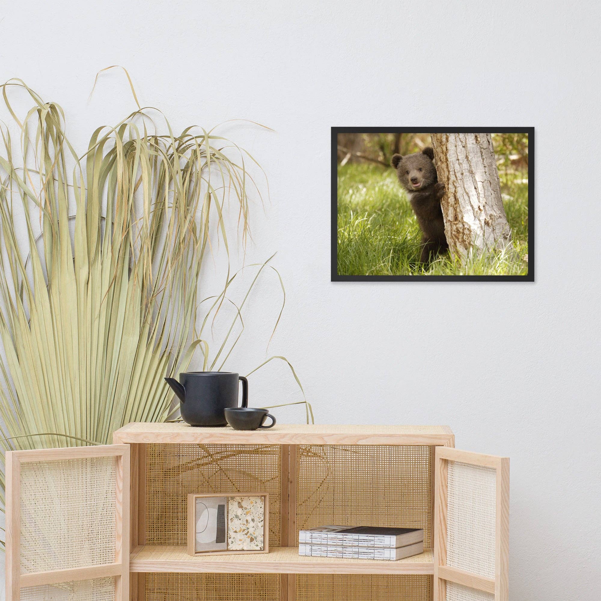 Pipa Wall Art & Home Decor - Wholesale Art Print - Cute Baby Grizzly Bear Cub Behind Tree In Meadow Framed Art4