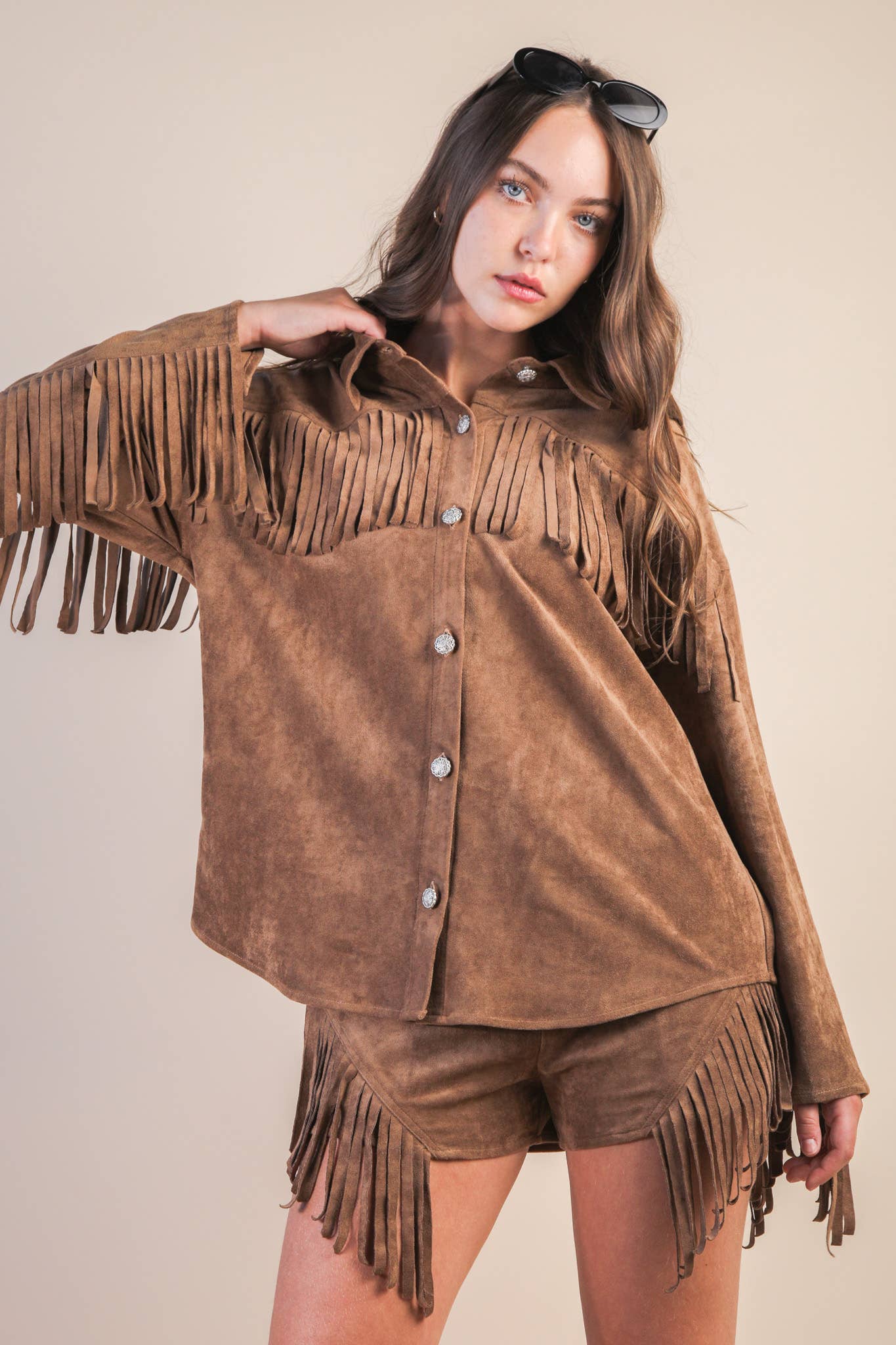 VERY J - Wholesale Jacket - Women's - NJ90387-Suede Fring Detail Western Jacket Shacket7