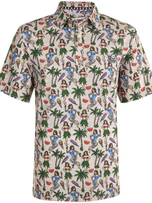 Hula Girl Hawaiian Cool-Stretch Men's Golf Shirt (Khaki) for wholesale by Tattoo Golf Clothing