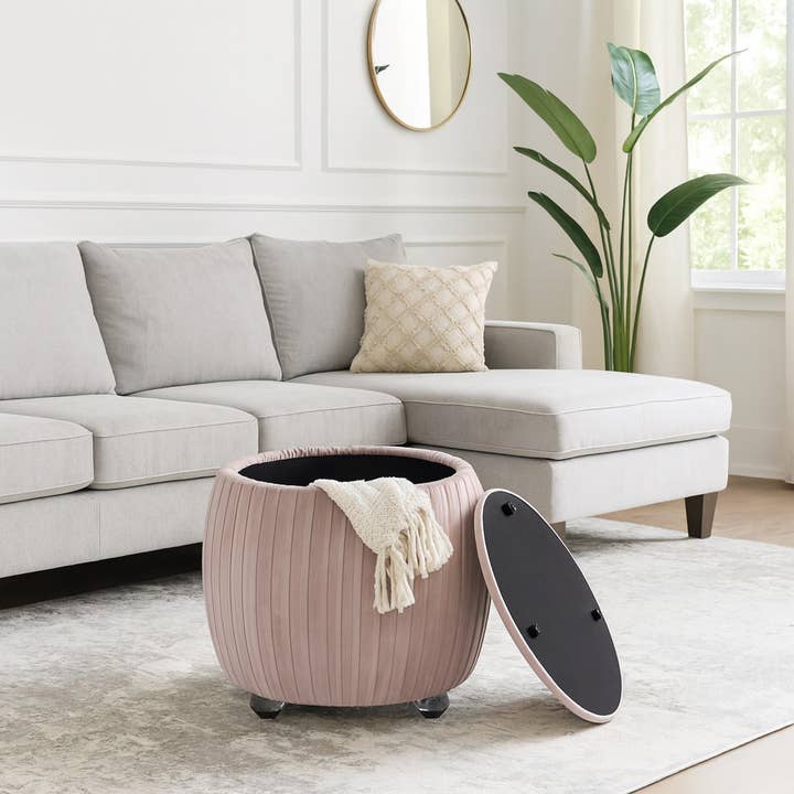 Tabouret de rangement - Bois rose rond avec siège coussiné, 18 po. pour la vente par Elevarre