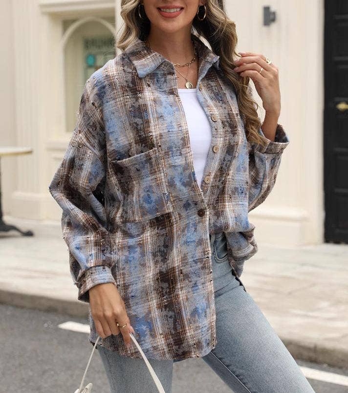 HIDDENBRAND - Wholesale Shirt Jacket/Shacket - Women's - Plaid jacket checked ripped shacket1