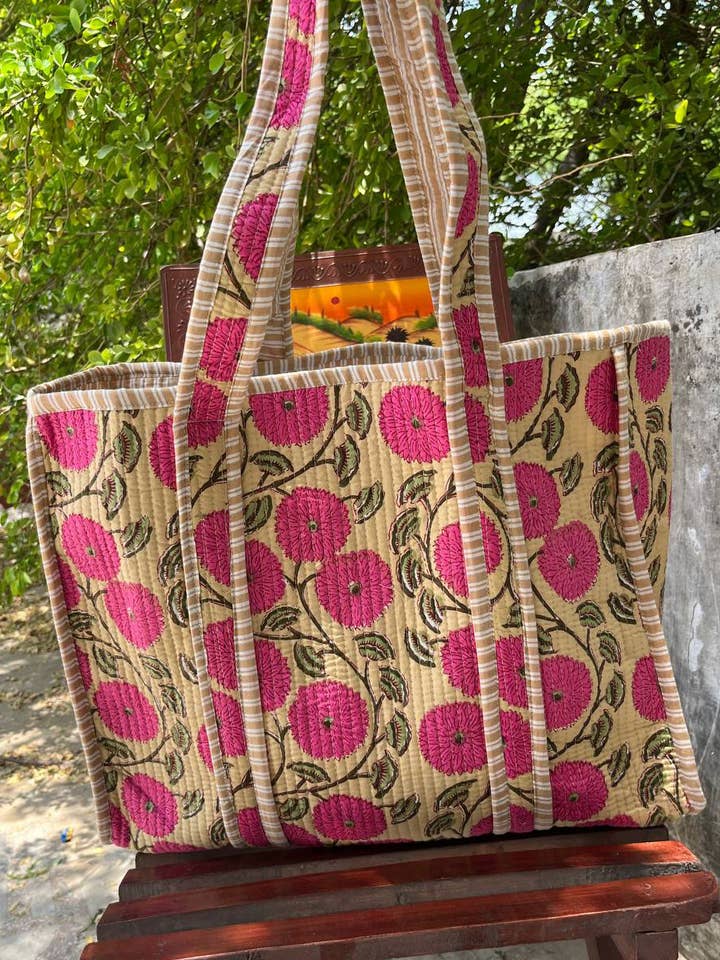 Quilted Cotton Floral Printed Reversible Large Shopping Bags for wholesale by Bhawana Handicrafts