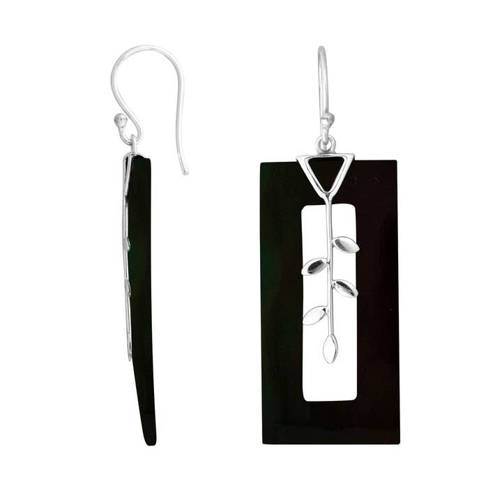 Boucle d'oreille en argent sterling avec coquille noire et motif feuille rectangulaire AE-1163-SHB pour la vente par Bali Designs