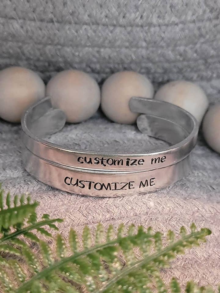 Custom hand stamped aluminum cuff for wholesale by Jangles by Jan