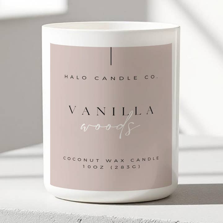 Vanilla Woods Candle – 10 oz | Coconut Wax, Hand-Poured, Cozy Luxe Scent for wholesale by Halo Candle Co.
