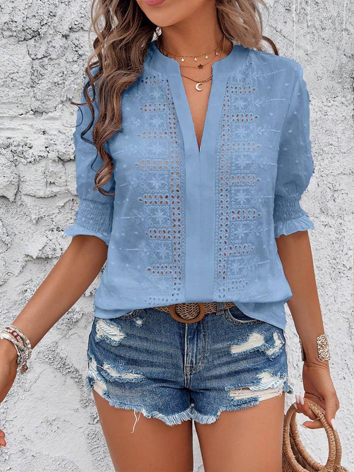Rosa Clothing - Wholesale Blouse - Women's - embroidered eyelet v-neck short sleeve blouse
