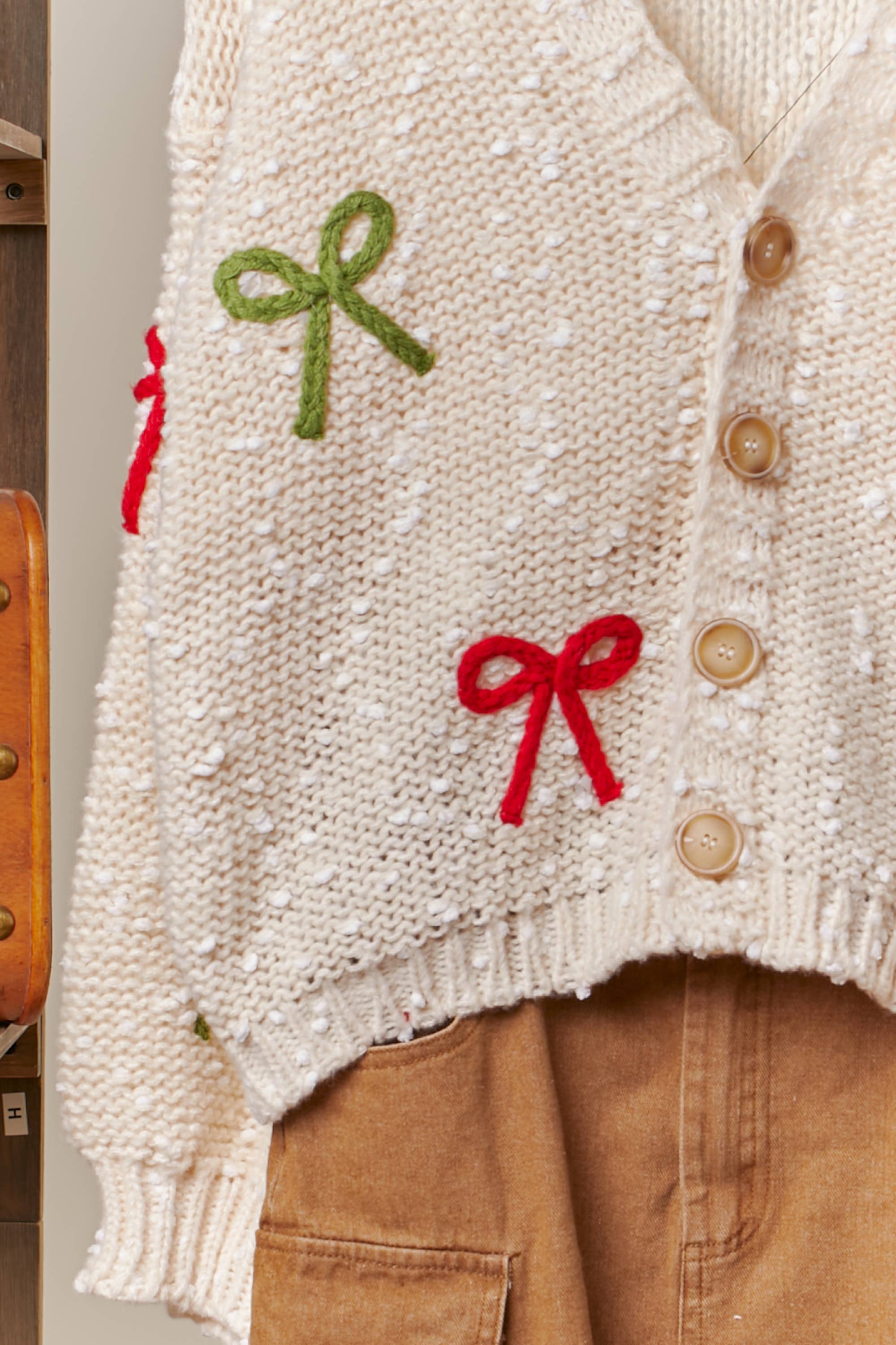 Ivory Ribbon Patched Button Down Cardigan for wholesale on Faire4