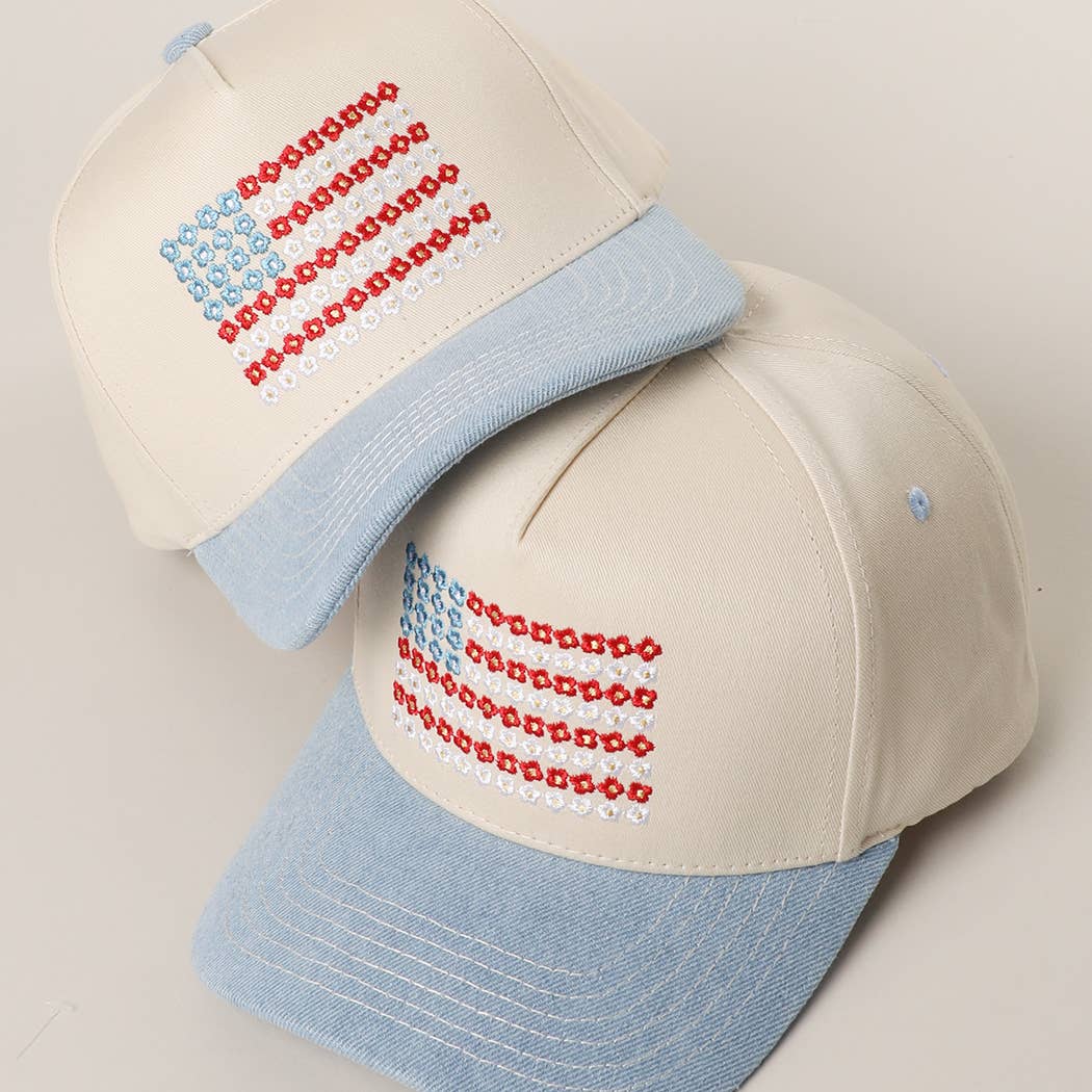 Floral American Flag Embroidered Two-Tone Denim Trucker Hat for wholesale on Faire1