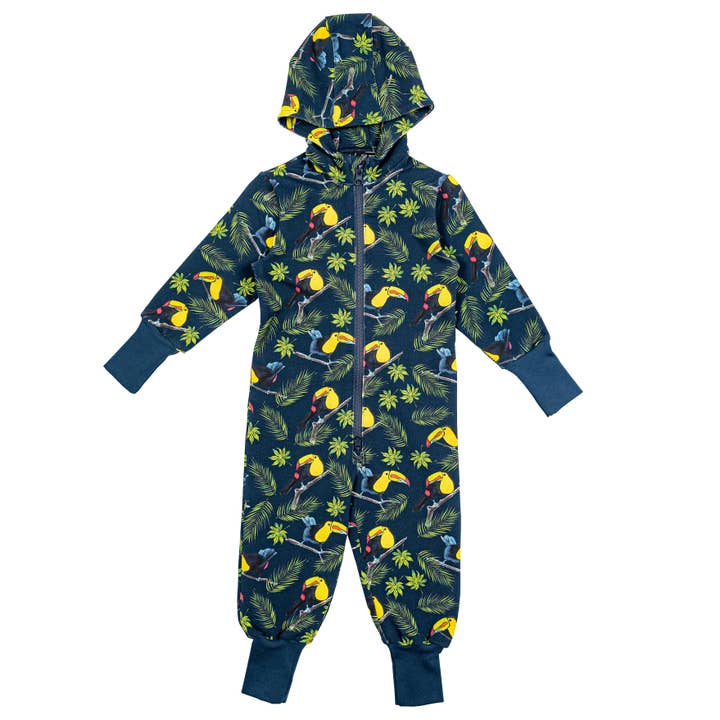 Warm baby jumpsuit with toucan print, blue for wholesale by Beek