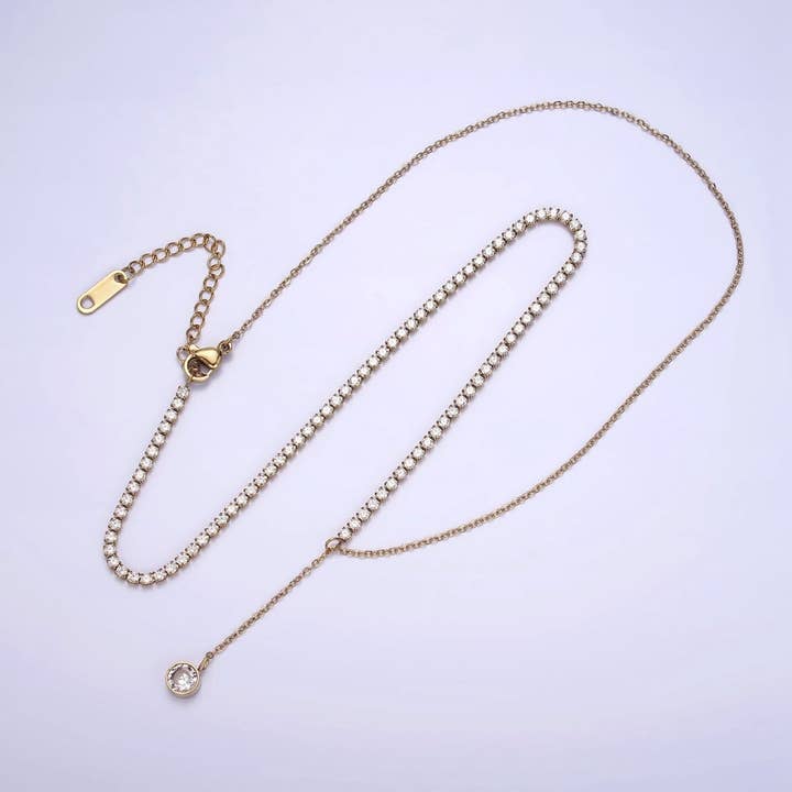 Stainless Steel Half Cable Tennis Chain Clear CZ Round Lariat 18.5 Inch Necklace | WA-2030 Clearance Pricing for wholesale by Aim Eternal