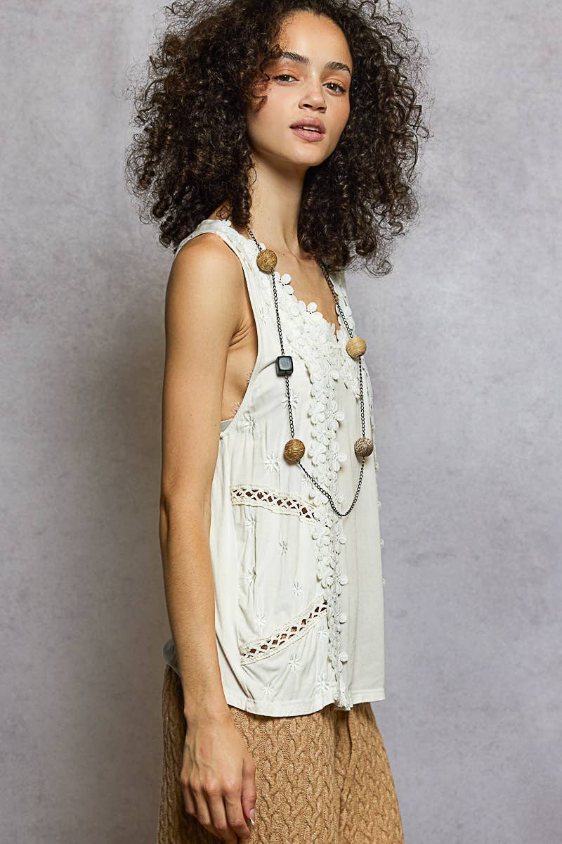 Pol Clothing - Vente Chemisier – femme - Top sans manches à col en V en dentelle florale contrastante8