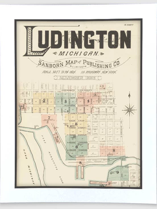 Ludington 1883 Sanborn Insurance Map Art Poster Print for wholesale by The Mighty Mitten