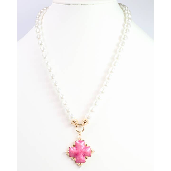 Caroline Hill - Wholesale Pendant/Charm Necklace - Edie Enamel Cross and Pearl Necklace Pink