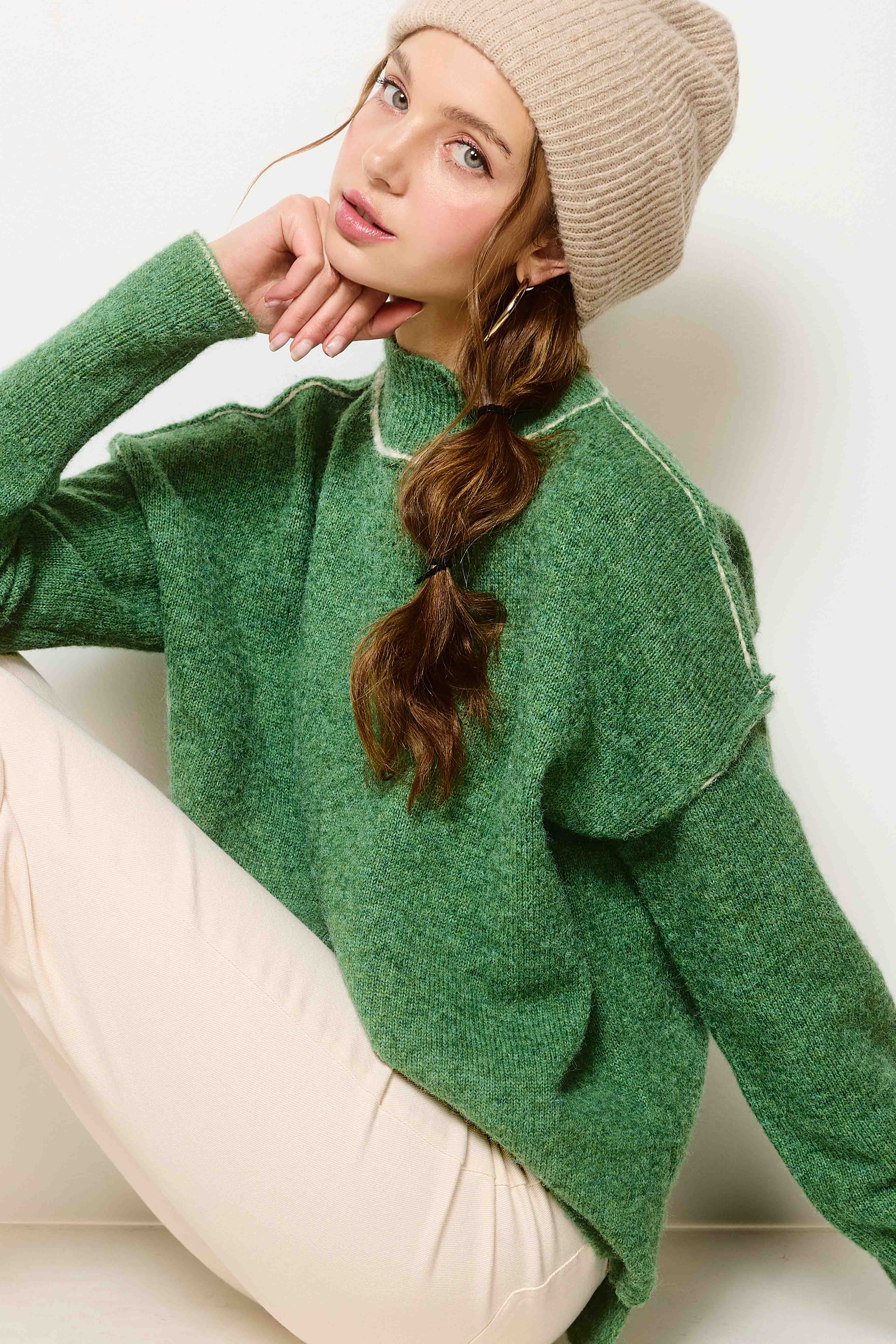 La Miel - Wholesale Knit Sweater - Women's - MCS3566-Loose Fit Mock Neck Exposed Seaming Detailed Sweater29