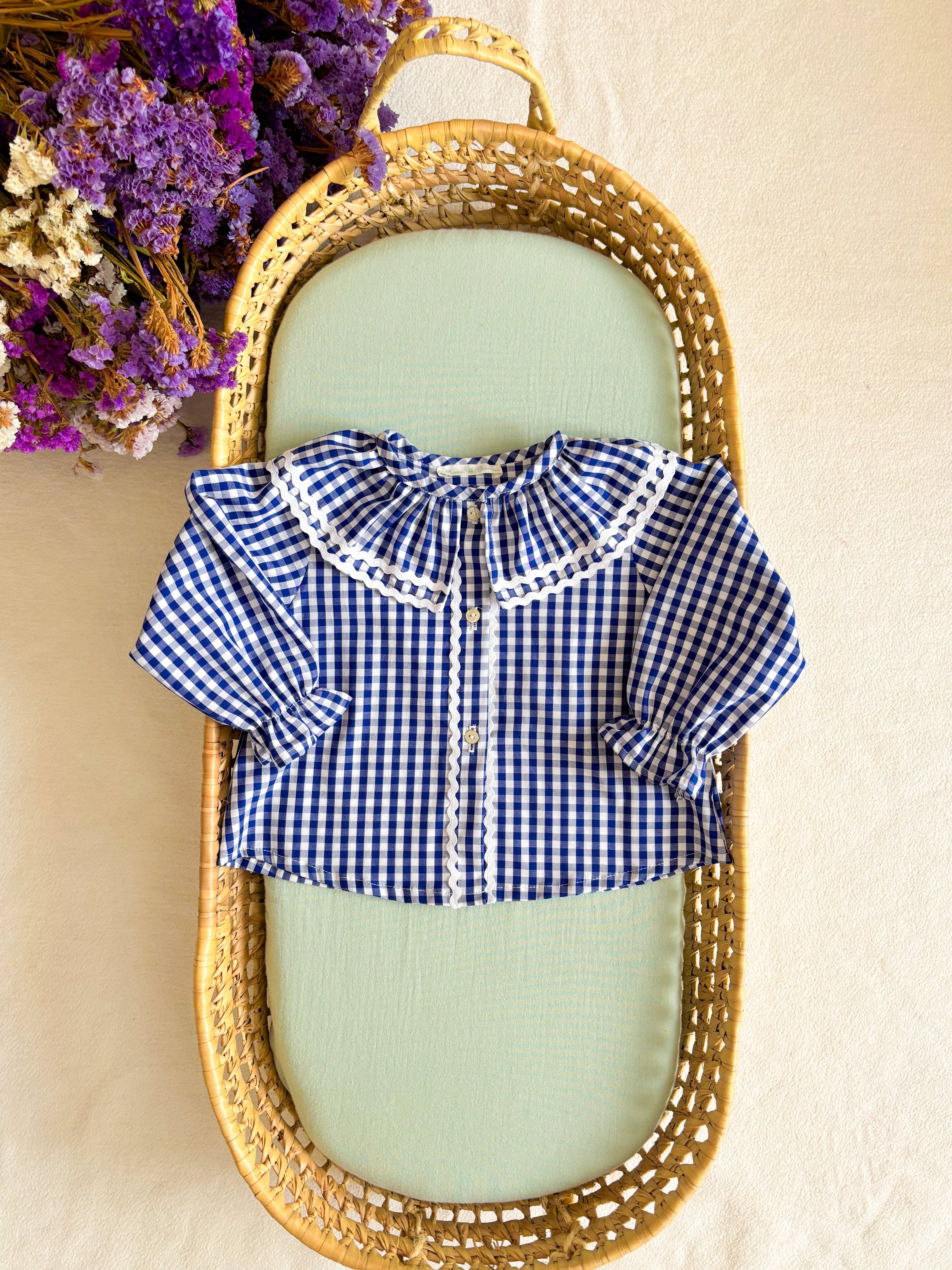 Maria Jasmim Baby & Child - Wholesale T-Shirt - Kids - Blue Vichy Shirt with Ruffled Collar0