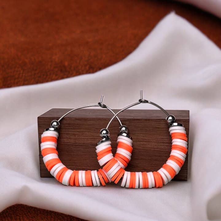 Fish Towne Designs, LLC - Wholesale Hoop Earrings - Orange and White Heishi Bead Hoop Earrings1