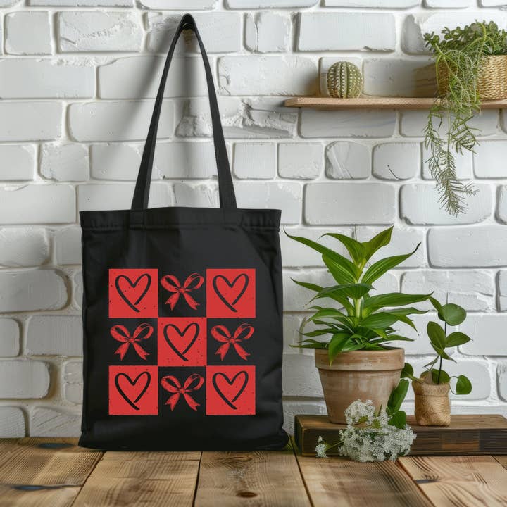 Retro Checkered Hearts 100% Cotton Canvas Tote Bag ,Reusable Shopping Bag, Eco Friendly for wholesale by simply creative