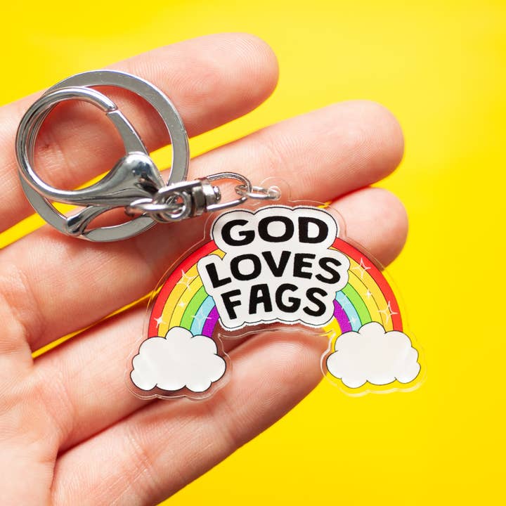 God Loves Fags LGBTQ+ keychain for wholesale by Crafty Queer Studio