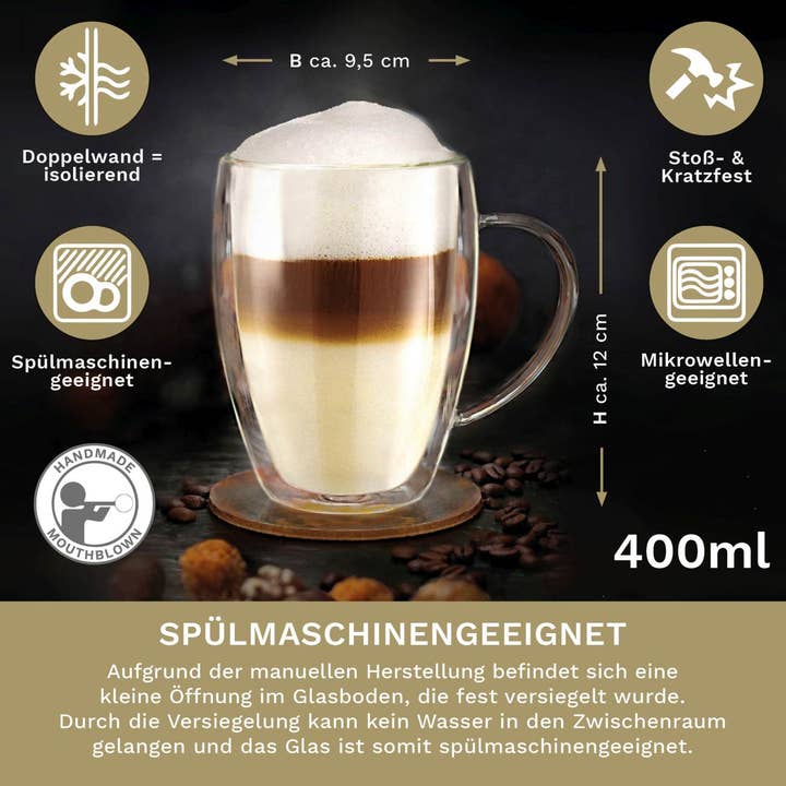 Creano - Wholesale Coffee Mug - Double walled thermal glass dg-hh 400 ml; set of 4