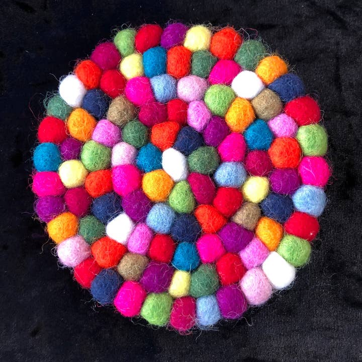 Funky Yak Ltd - Wholesale Coasters - Felt Pom Pom Round Multicolour Coasters Handmade In Nepal1