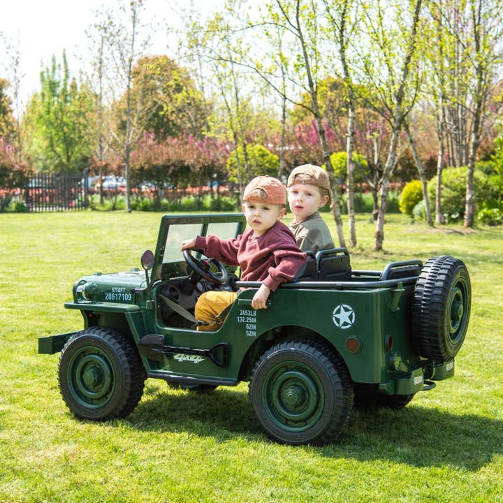 Green 24V Military Willy Jeep 3 Seater Electric Ride on for wholesale on Faire2