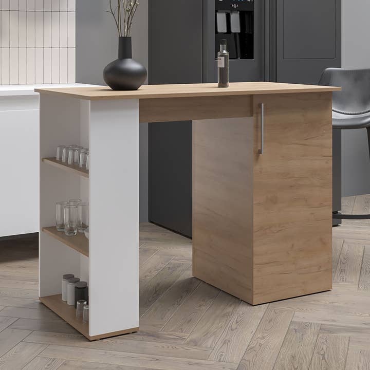 Allen Kitchen Island, External Shelves, White - Natural Oak for wholesale on Faire0