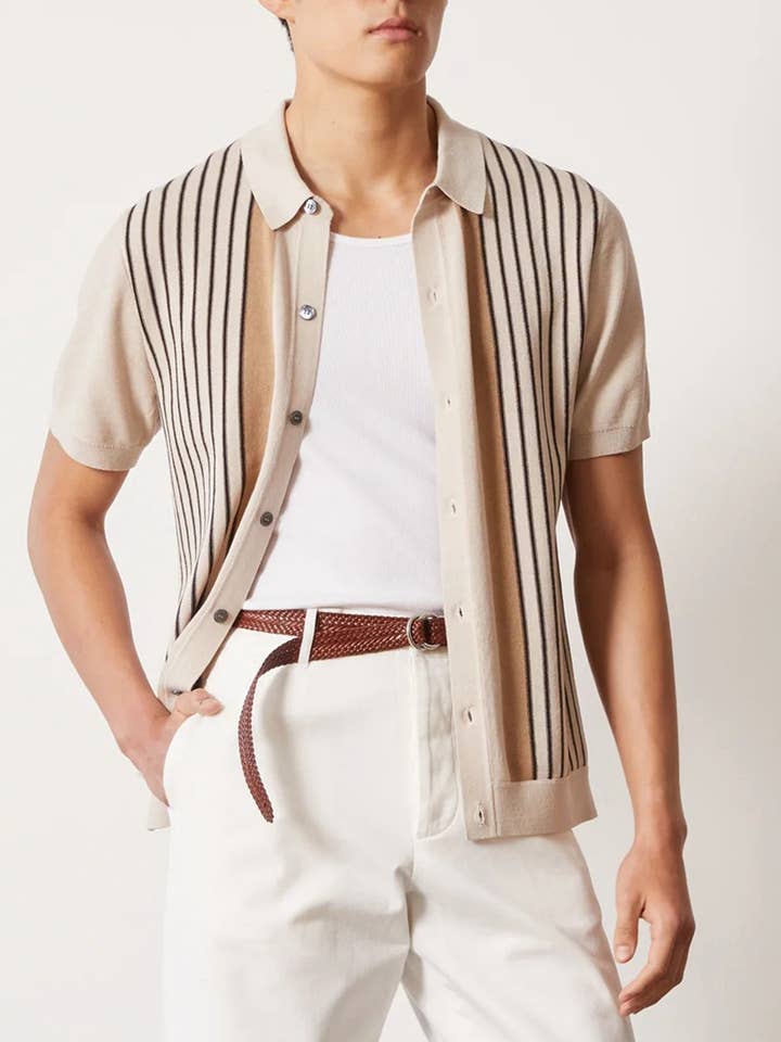 Beige Striped Short Sleeved Polos Sweater Knit Top for wholesale on Faire