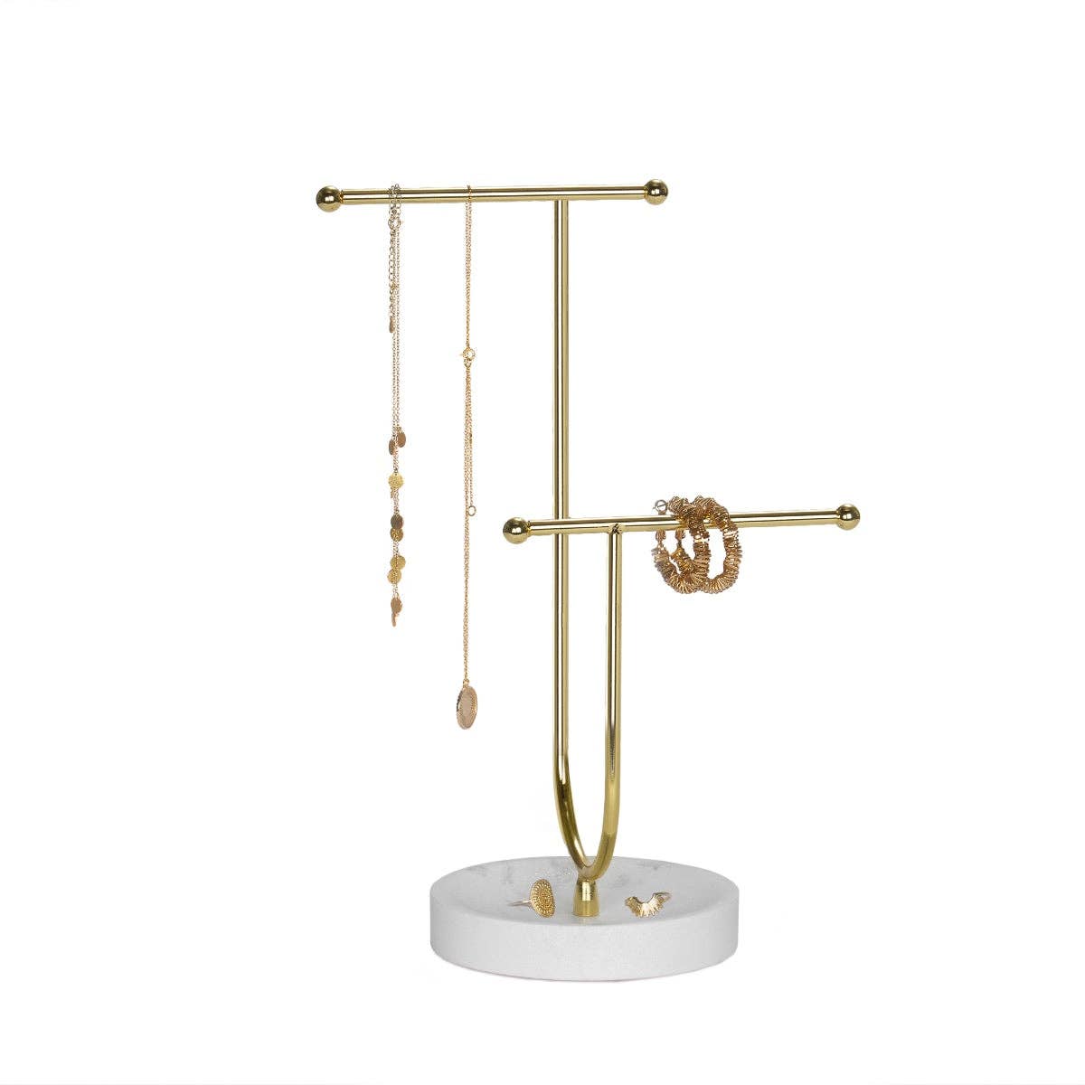 Andrea House – wholesale Smyckesmonter – Modern smyckesställ i guld med marmorfot för badrum2