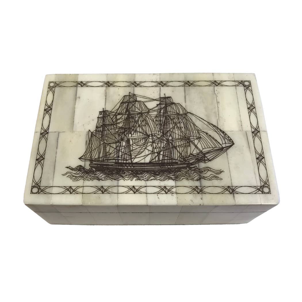 Madison Bay Co. - Historical Home Decor Reproductions - Wholesale Decorative Box - Whaling Ship Etched Vintage Scrimshaw Bone Box, 5-1/4”0