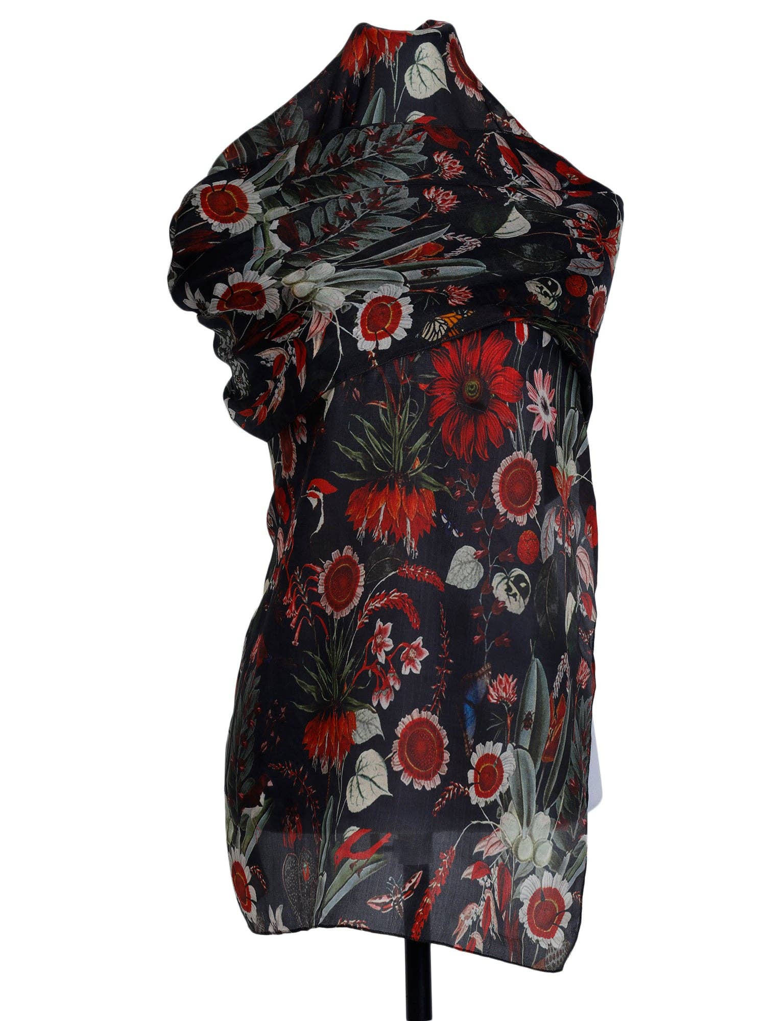 Namaskar Australia - Wholesale Scarf - Women's - Tropical Garden Scarf – Pure Silk Wrap | Red Botanical & Exotic Bird Australian Coastal Print on Black base2