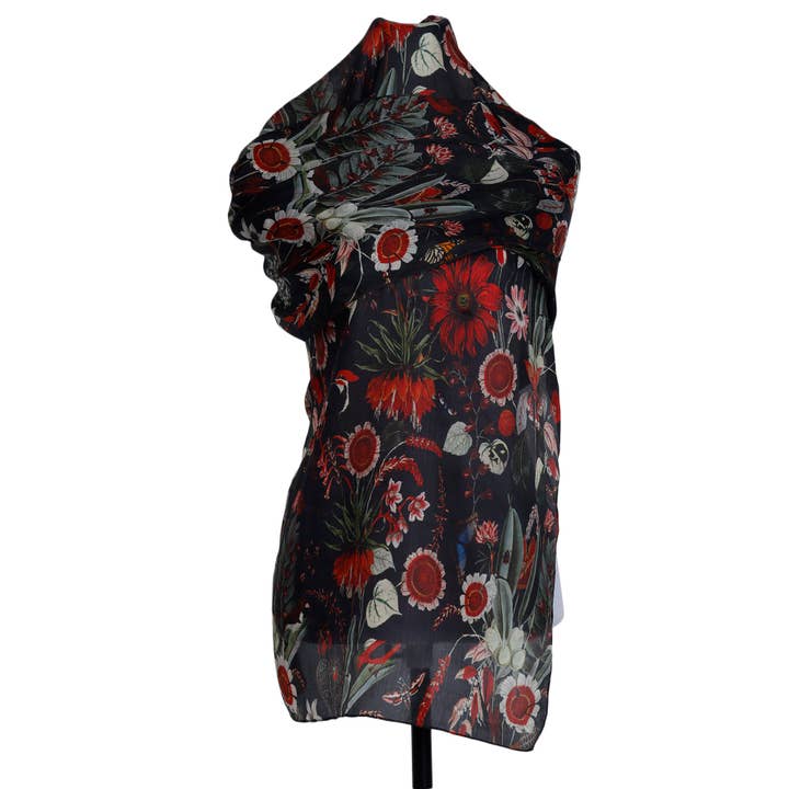 Namaskar Australia - Wholesale Scarf - Women's - Tropical Garden Scarf – Pure Silk Wrap | Red Botanical & Exotic Bird Australian Coastal Print on Black base2
