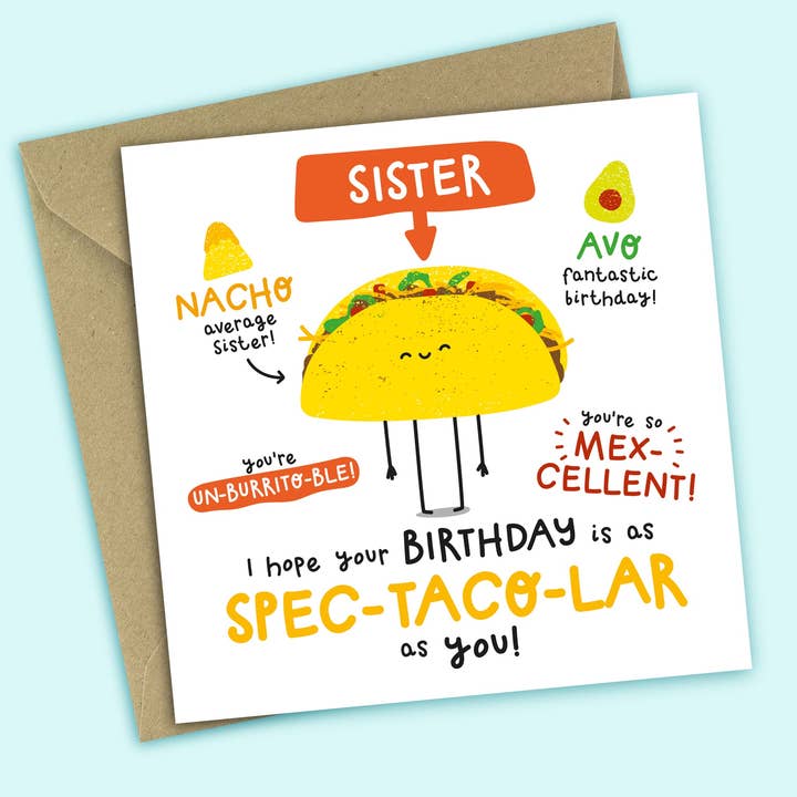 Carte d'anniversaire amusante • Anniversaire spectaculaire • Jeu de mots sur la cuisine mexicaine • Pour sœur pour la vente par Twisted Haggis