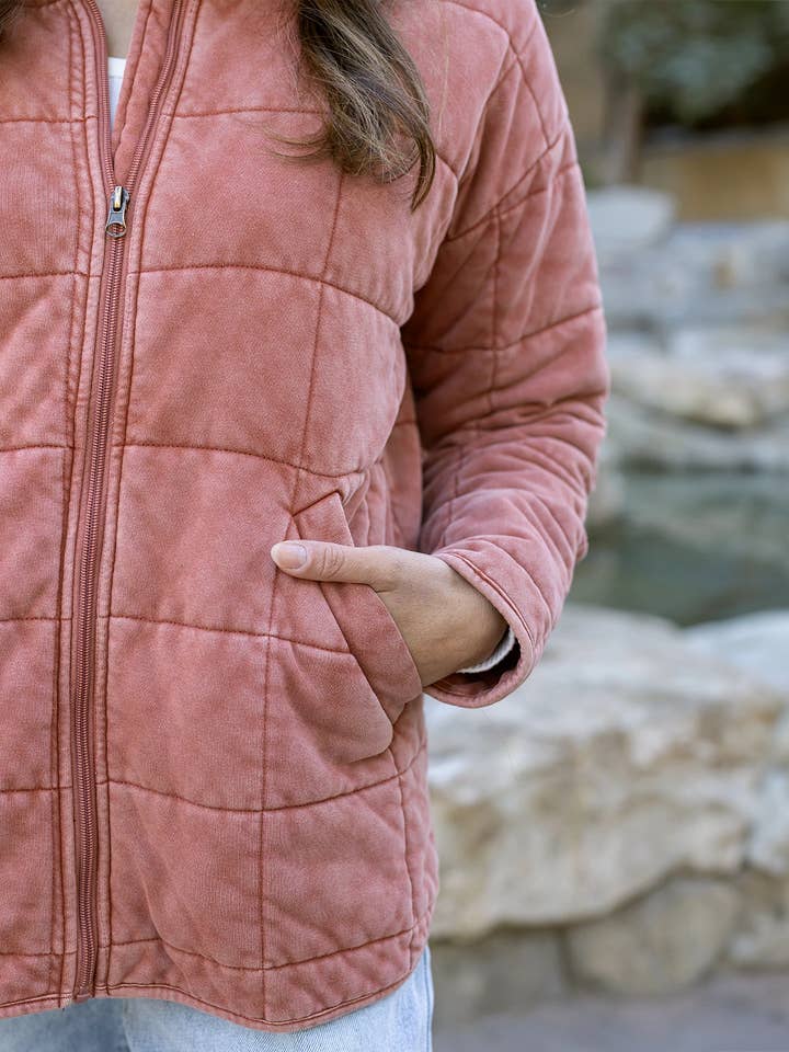Mineral Washed Quilted Jacket in Terracotta for wholesale on Faire