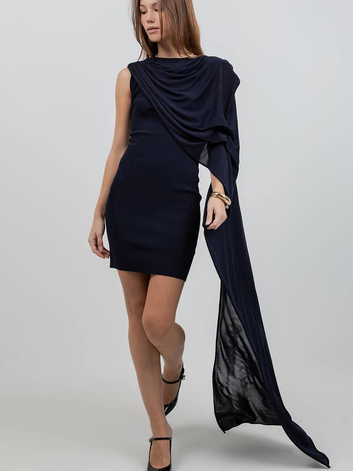 KNITTED SLEEVLESS DRESS WITH ASYMMETRICAL CAPE for wholesale by Whiteroom+Cactus