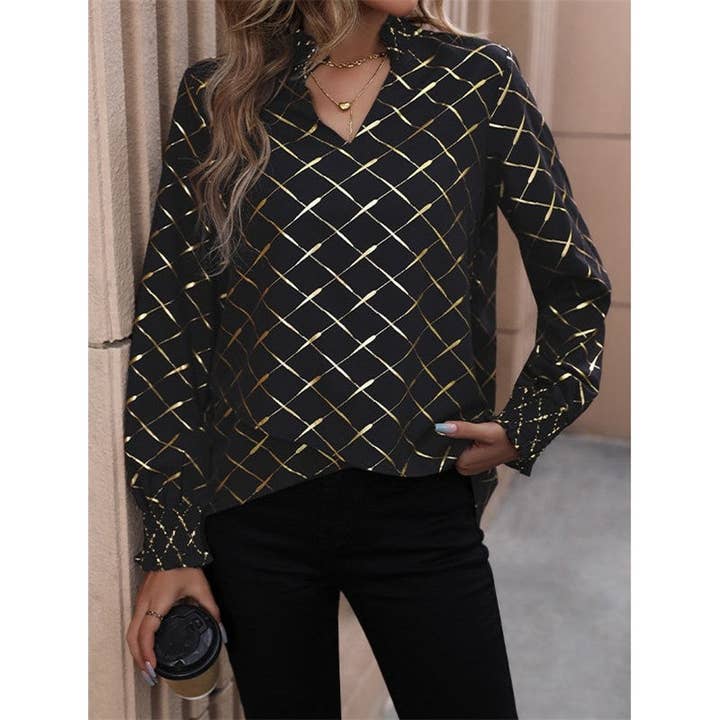 BLACK Diamond Plaid V-Neck Lantern Long-Sleeved Shirt for wholesale on Faire1
