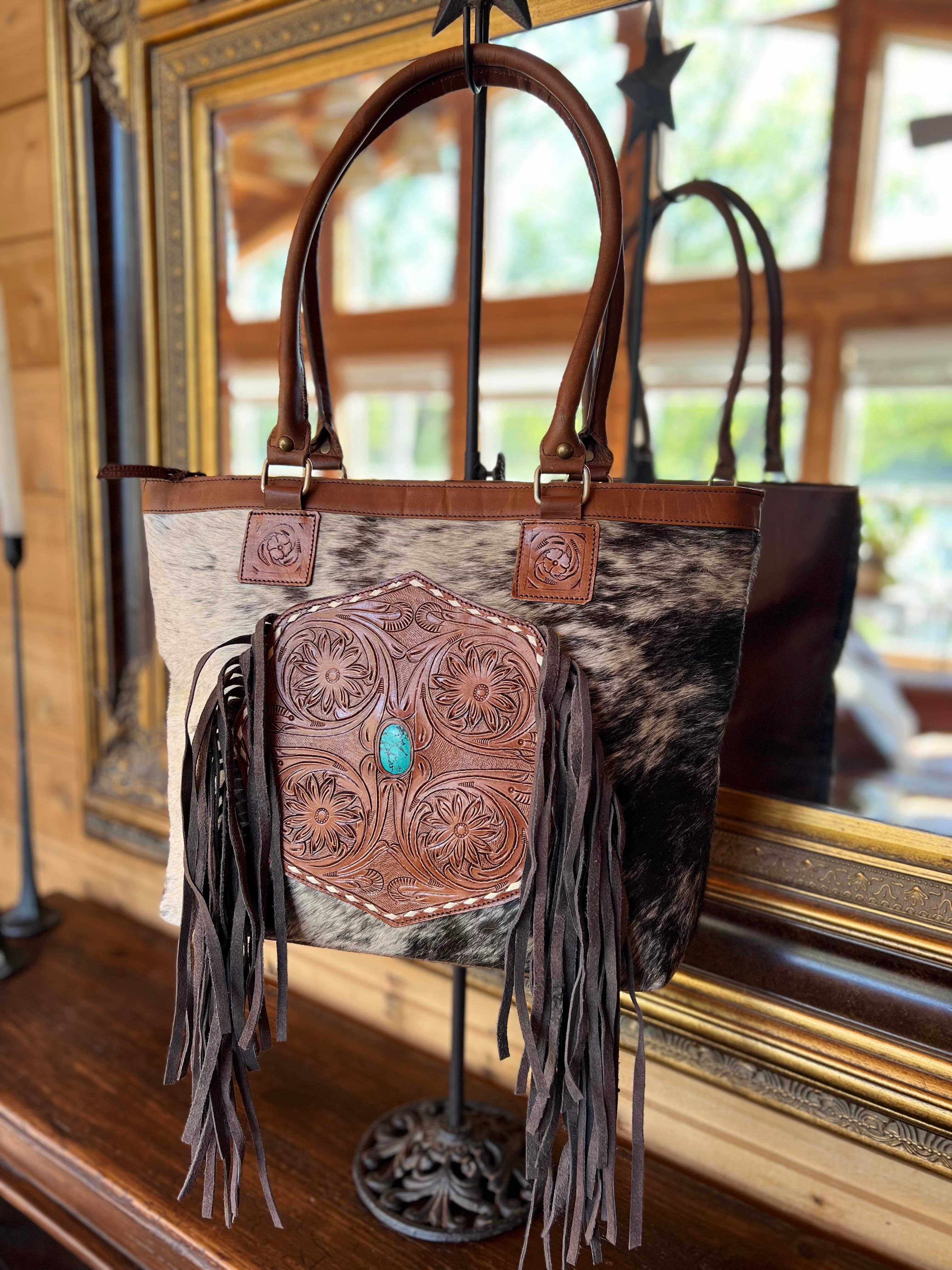 Westrian International - Vente Tote bag – femme - Sac à main Western Turquoise en cuir de vachette usiné0