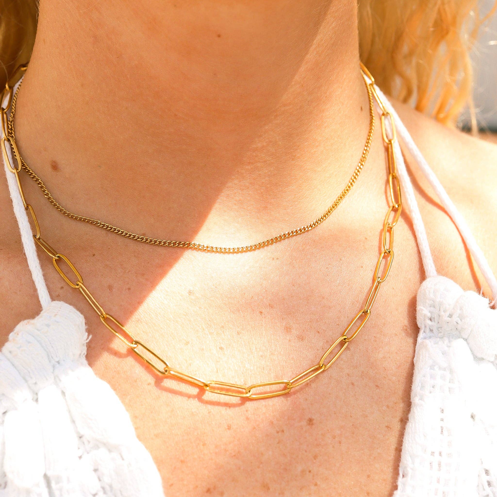 WJW - Wholesale Link & Chain Necklace - 18K Gold PVD Stainless Steel Dainty Curb and Paperclip Layered Chain Necklace1