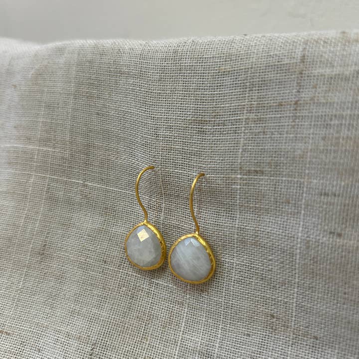 Beyond Gold Plated Rainbow Moonstone Drop Earrings for wholesale by Kirsty Taylor Goldsmiths