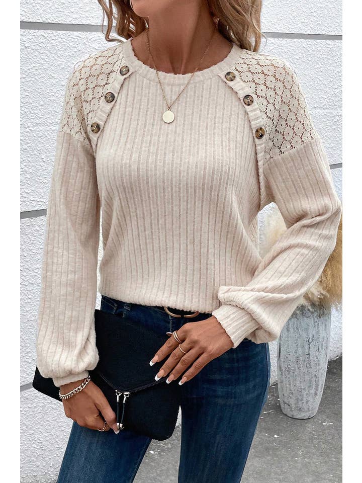 Parchment Ribbed Lace Raglan Sleeve Top for wholesale on Faire