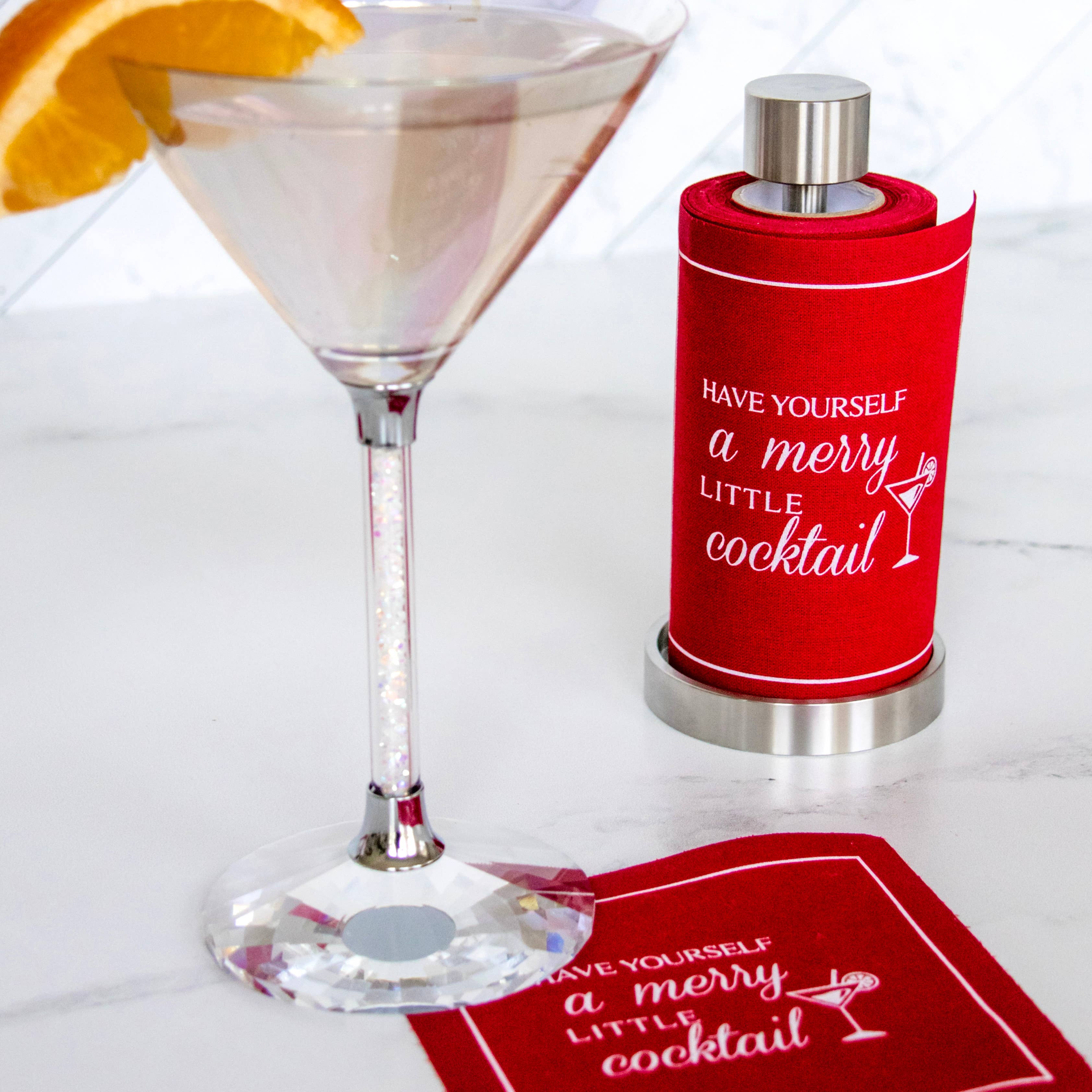 Toasting With Tara - Wholesale Disposable Napkin - Cotton Cocktail Napkin Roll: Red w/ Merry Little Cocktail3