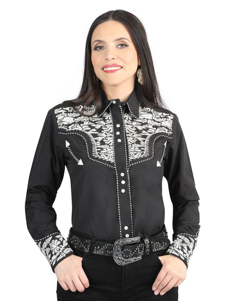 Conejo Western Wear – Großhandel Hemd mit Button-down-Kragen – Damen – Senor De Los Cielos Stickerei-Hemd Schwarz/Silber0