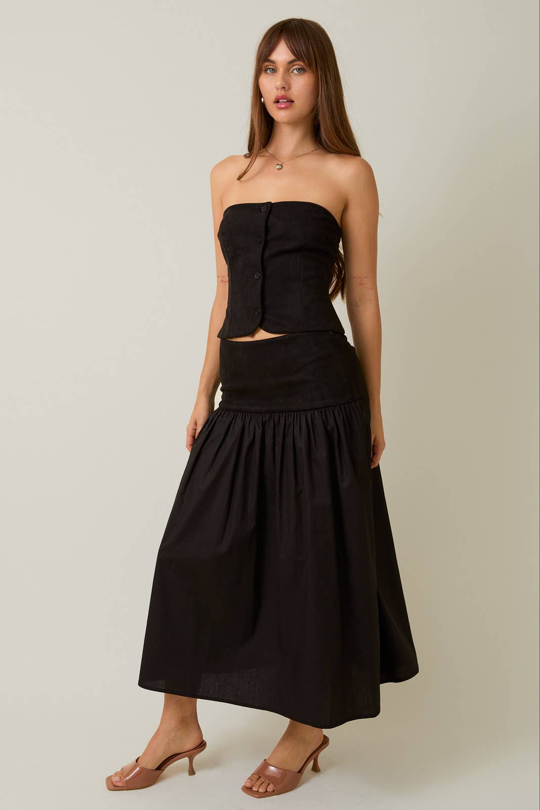 Black STRAPLESS SMOCKED BACK SUEDE TUBE TOP & CONTRAST MIDI SKIRT for wholesale on Faire2