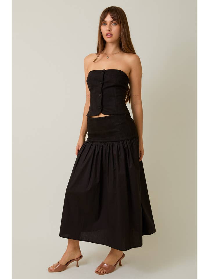 Black STRAPLESS SMOCKED BACK SUEDE TUBE TOP & CONTRAST MIDI SKIRT for wholesale on Faire2