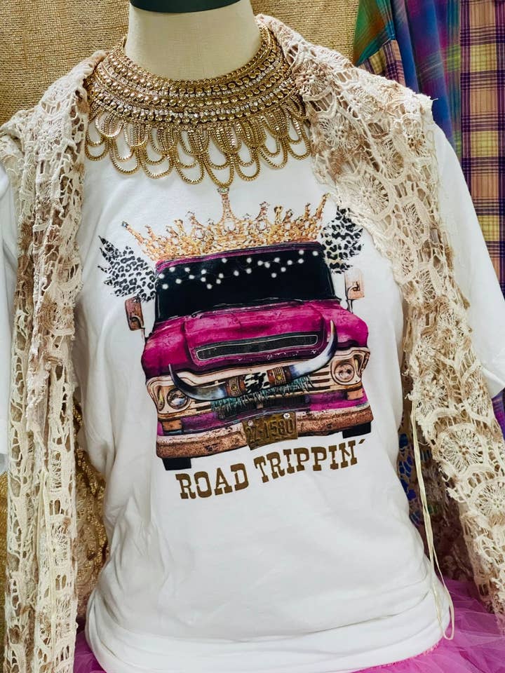 Bling-A-GoGo, LLC - Wholesale Screen Printed T-Shirt - Women's - Road Trippin (no words on top) on White Crew0