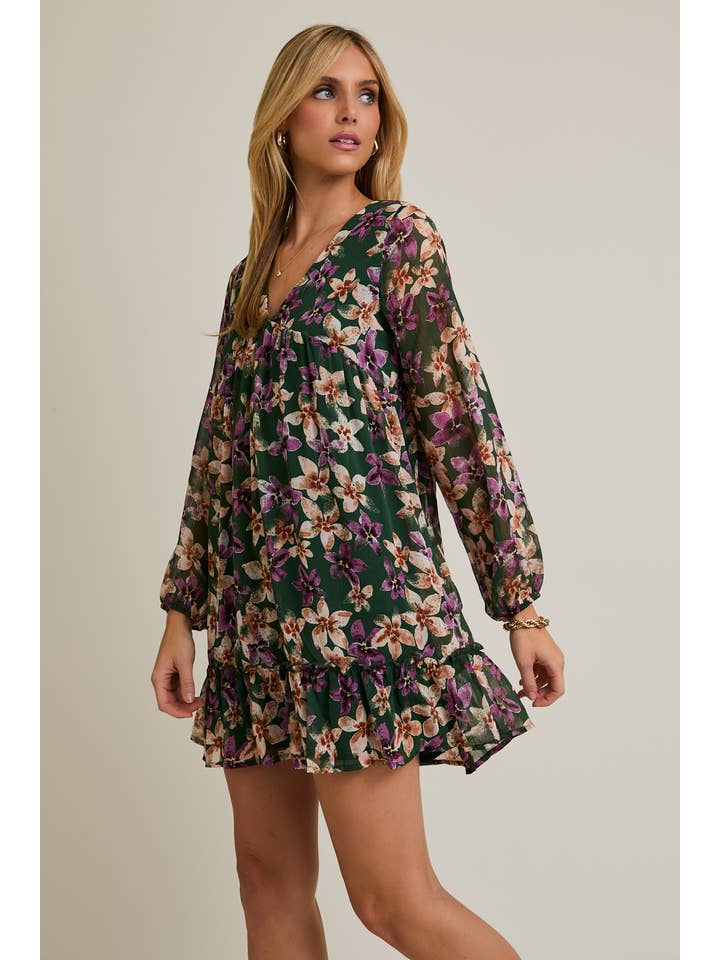 L/S V-NECK MERROW HEM FLORAL DRESS for wholesale on Faire1
