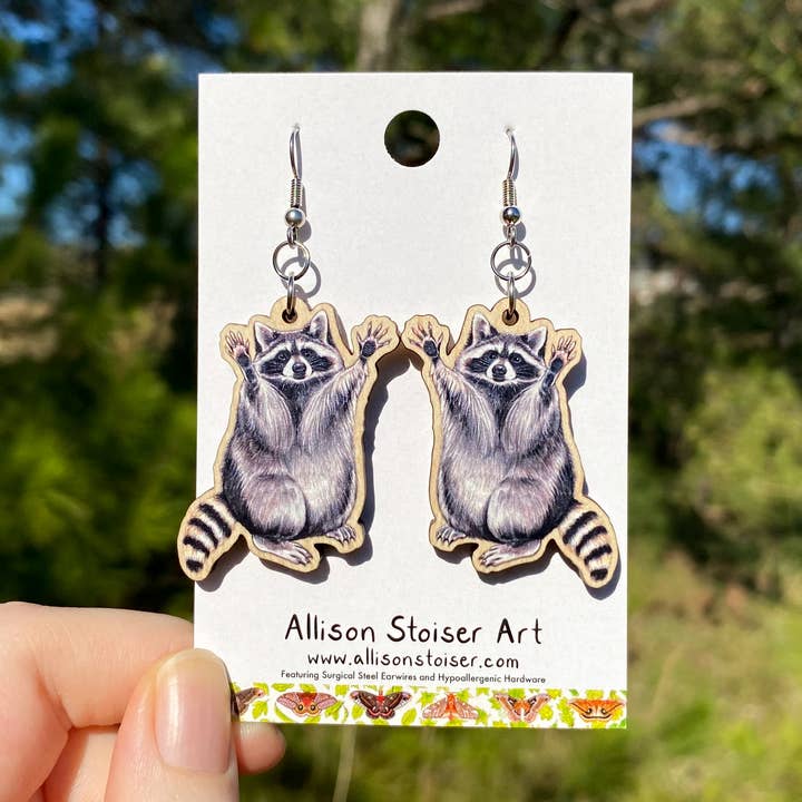 Wooden Raccoon Earrings (Sustainably Sourced) for wholesale by Allison Stoiser Art
